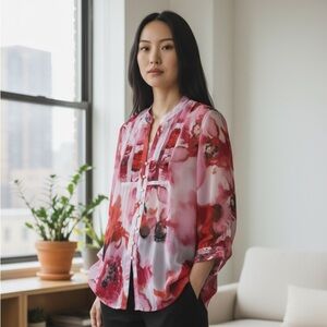 Jones New York Sheer Red and Pink Floral Blouse
